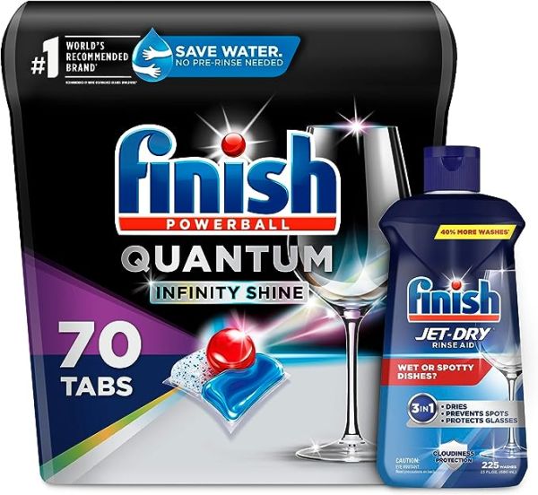 Finish Quantum Infinity Shine 70 Count Dishwasher Detergent Powerball + Jet-Dry Rinse Aid, 23oz